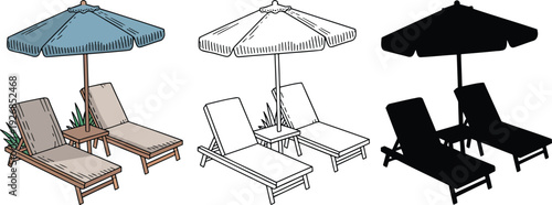 Beach chairs with umbrella silhouette & Outline and illustration set isolated on transparent background
