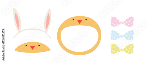 Easter bunny ears, chick hat, pastel bow costume accessory isolated illustration set. Holiday clip art collection, card, banner, poster. Hand drawn flat vector design element