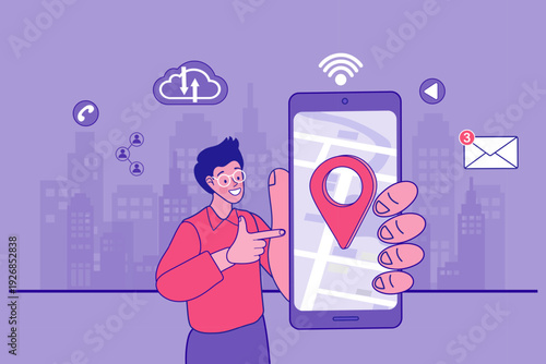GPS navigation and local search concept. Flat vector illustration of a man using a mobile map app, ideal for travel technology, delivery tracking, and proximity marketing content.