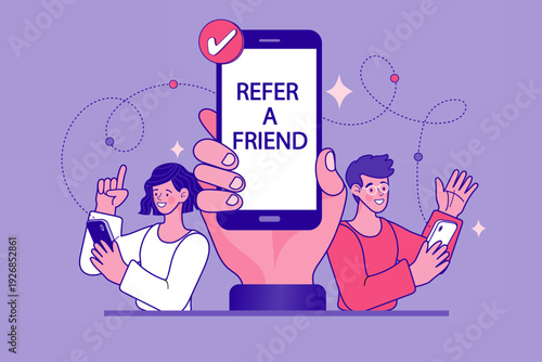 Refer a friend marketing concept with characters using smartphones. Modern flat vector for viral word of mouth, affiliate program, and digital customer referral strategy promotion.