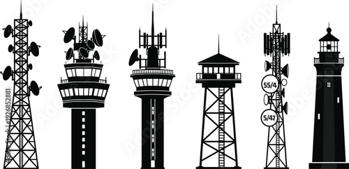 Lifeguard towers, airport control station, lighthouse silhouette, observation watchtower, radio mast icons, 