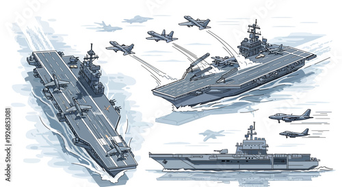 Aircraft Carriers and Fighter Jets Illustration.