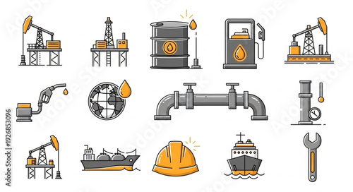 Oil industry icons representing extraction, refining, and transportation of petroleum products.