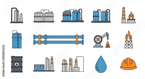 Oil and gas industry icons representing various aspects of the sector.