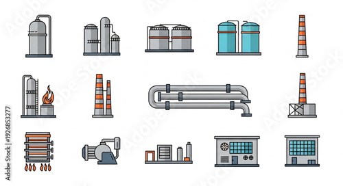 Industrial plant equipment and structures, showing various factory components and elements.