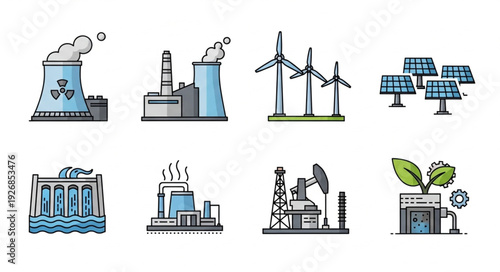 Diverse energy sources illustration showcasing renewable and non-renewable power generation methods.