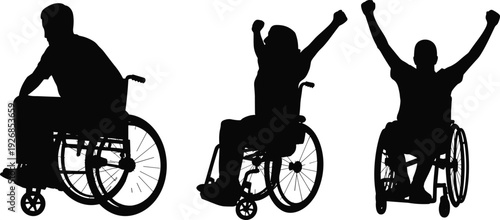 Wheelchair user silhouettes in different poses showing movement and celebration, disabled person collection isolated on white background for healthcare, accessibility, and inclusion concepts