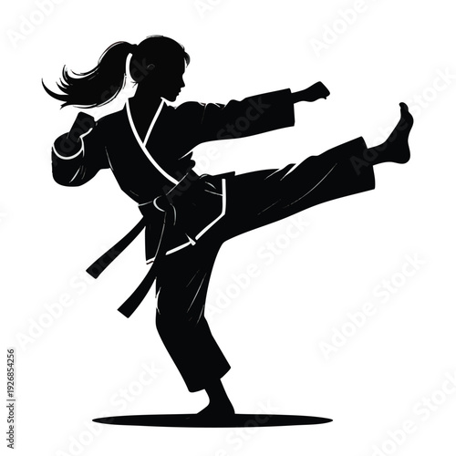 Illustration of silhouette of a woman in a karate uniform kicking with one leg raised high in a powerful stance