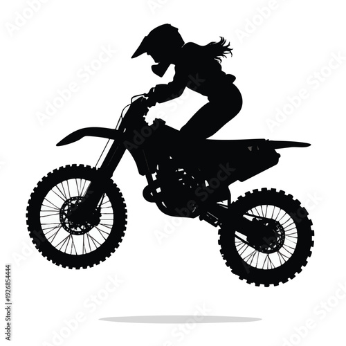 Illustration of silhouette of a woman riding a dirt bike in mid air