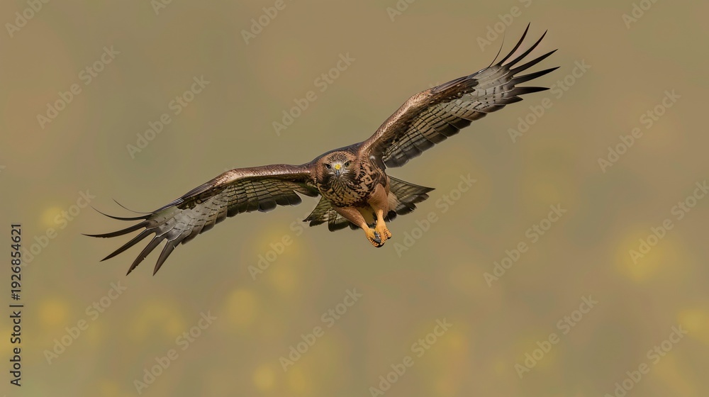 Obraz premium A majestic hawk in flight, wings spread wide, captured against a blurred, golden backdrop