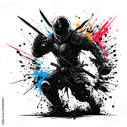 Illustration of a dynamic illustration of a ninja warrior in a fighting stance with colorful paint splatters behind him