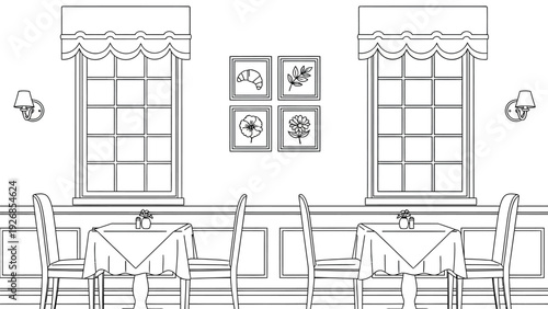 Line art of a cozy cafe interior with two tables, each set for two, under large windows. Wall decor features four framed pictures, adding elegance.
