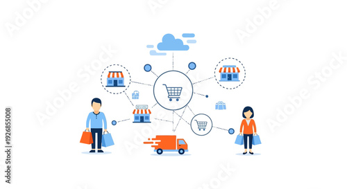 E-commerce Ecosystem: Online Shopping Network, Logistics, and Omnichannel Retail Interconnected Digital Business Concept