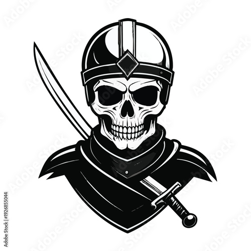 Illustration of a black and white illustration of a skull wearing a helmet and holding a sword