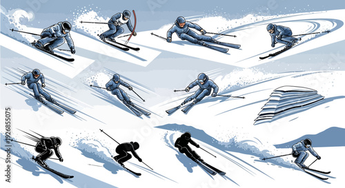 Skiers in Action on Snowy Slopes.