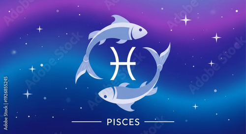 Pisces zodiac sign with two fish swimming in starry sky.