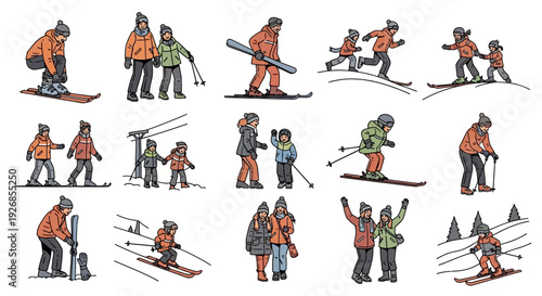 Skiers in Various Poses and Actions.