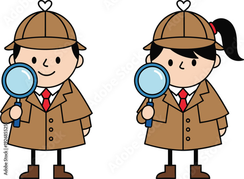 Cute Cartoon Detective Boy and Girl Characters with Magnifying Glass for Mystery Investigation, Crime Solving and Kids Illustration Designs