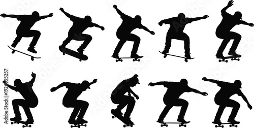 Skateboarder trick action silhouettes set, extreme sport skater performing jumps isolated black vector illustration on white background