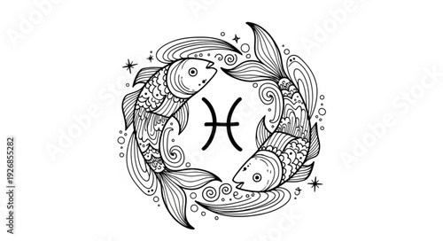 Pisces Zodiac Sign with Two Fish Illustration.