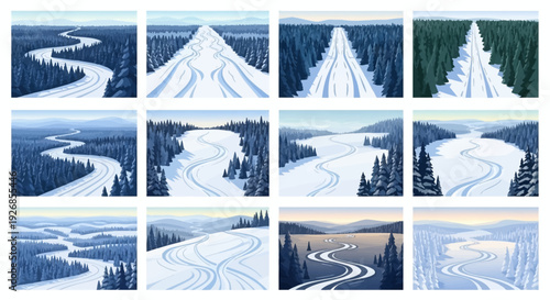 Snowy Road Landscape Collage Winter Scene.