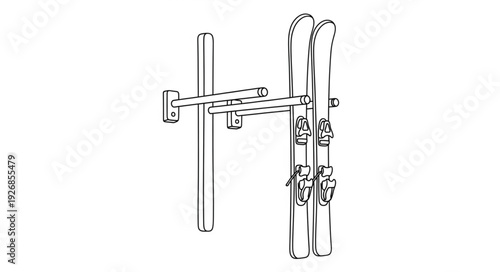 Pair of skis and poles mounted on a wall rack.