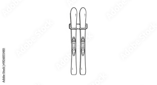 Pair of vintage skis with bindings on white background.