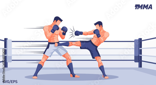 Two Male MMA Fighters Engaging Kickboxing Match.