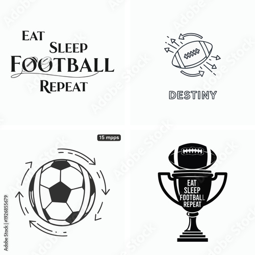 American football and soccer themed graphic elements with motivational phrases on transparent background