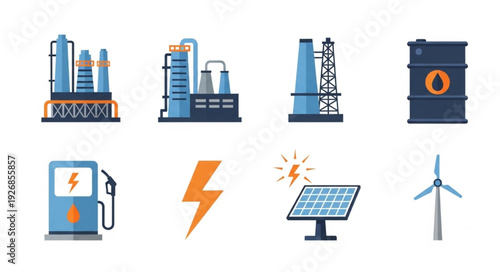 Various energy and industry icons representing power generation and resources.