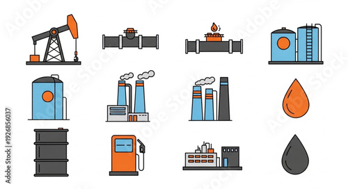 Oil and gas industry icons representing extraction, processing, and storage.