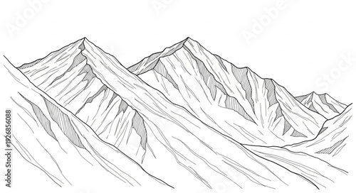 Hand drawn sketch of majestic mountain peaks in black and white.