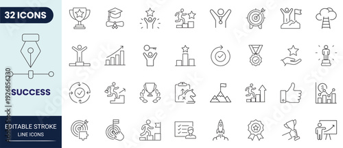 Success outline icon collection with smooth curves and consistent line weight. Suitable for achievement, growth, and business goals. Fully editable stroke vector.