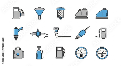 Collection of fuel-related icons representing various components and equipment.