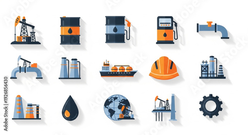 Oil and gas industry icons representing energy production and transportation.