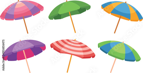 Set of colorful beach umbrellas in flat vector style isolated on background, summer vacation parasols collection for seaside travel, holiday design elements