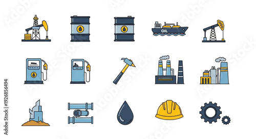 Oil and gas industry icons representing extraction, transportation, and refining processes.