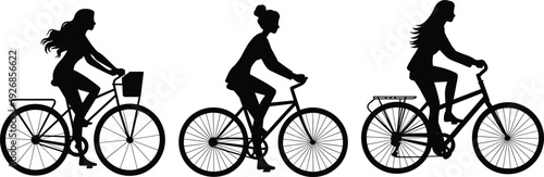 Set of female cyclists silhouettes riding bicycles illustrating urban mobility, eco friendly commuting, active lifestyle and modern city transportation in minimal vector style