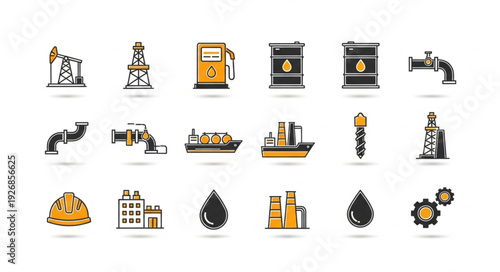 Oil and gas industry icons representing various aspects of the sector.