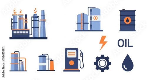 Oil industry production and processing with various related elements and symbols.