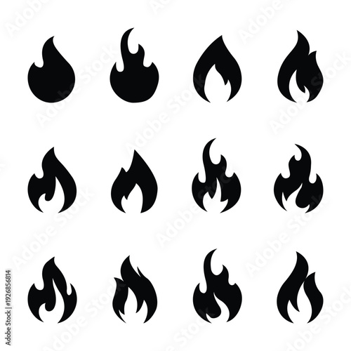 .Flame icons set, fire symbol collection, burning energy shapes, abstract heat silhouettes, blazing hazard signs, creative spark illustration vector.