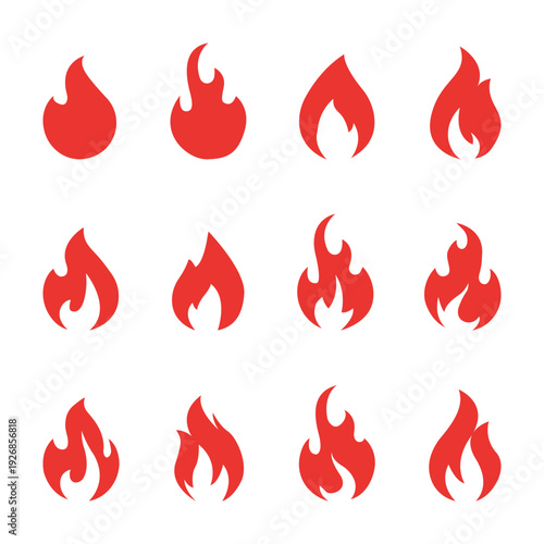 Flame icons set, fire shapes collection, burning energy silhouettes, abstract heat symbols, blazing hazard signs, creative spark vector illustration design.