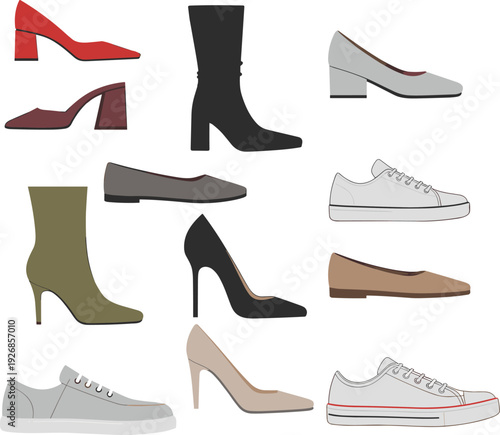 Set of stylish women shoes including heels boots flats and sneakers showcasing modern fashion footwear collection for casual and formal outfit design