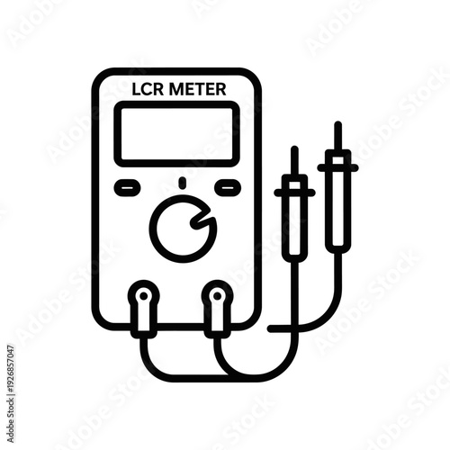 A detailed illustration of an LCR meter device connected to probes via cables, depicted in minimalist black line art.