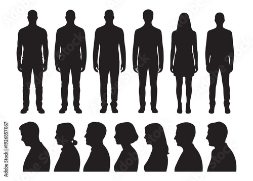 Adult full body and head profile silhouettes, a diverse group of people, black shapes on white