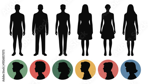 Adult full body silhouettes and colored child head profiles, diverse group on white background