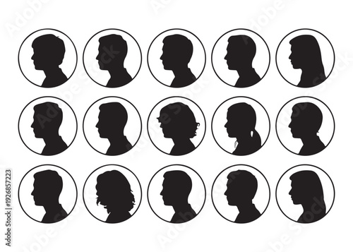 Modern collection of simple silhouette portraits in black and white circles representing diverse human appearances