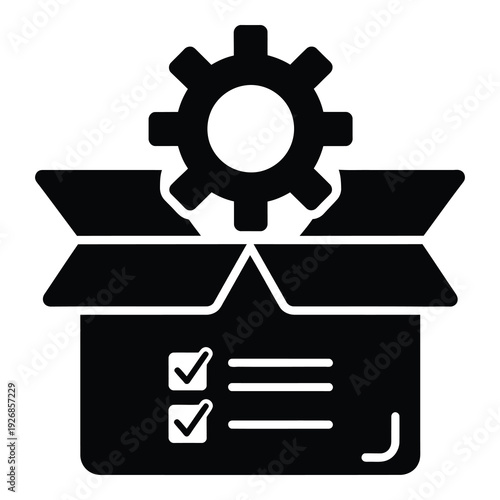 Black icon of a box with a gear on top and checklist inside icon