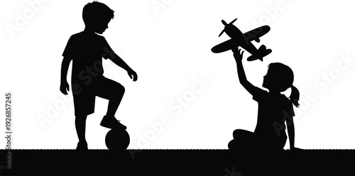 Silhouette of children playing outdoors with soccer ball and toy airplane illustrating childhood imagination, leisure activity, friendship, and playful lifestyle concept