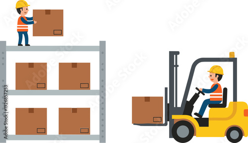Warehouse Worker and Forklift Operation Illustration with Storage Shelves and Cardboard Boxes for Logistics, Shipping and Distribution Designs